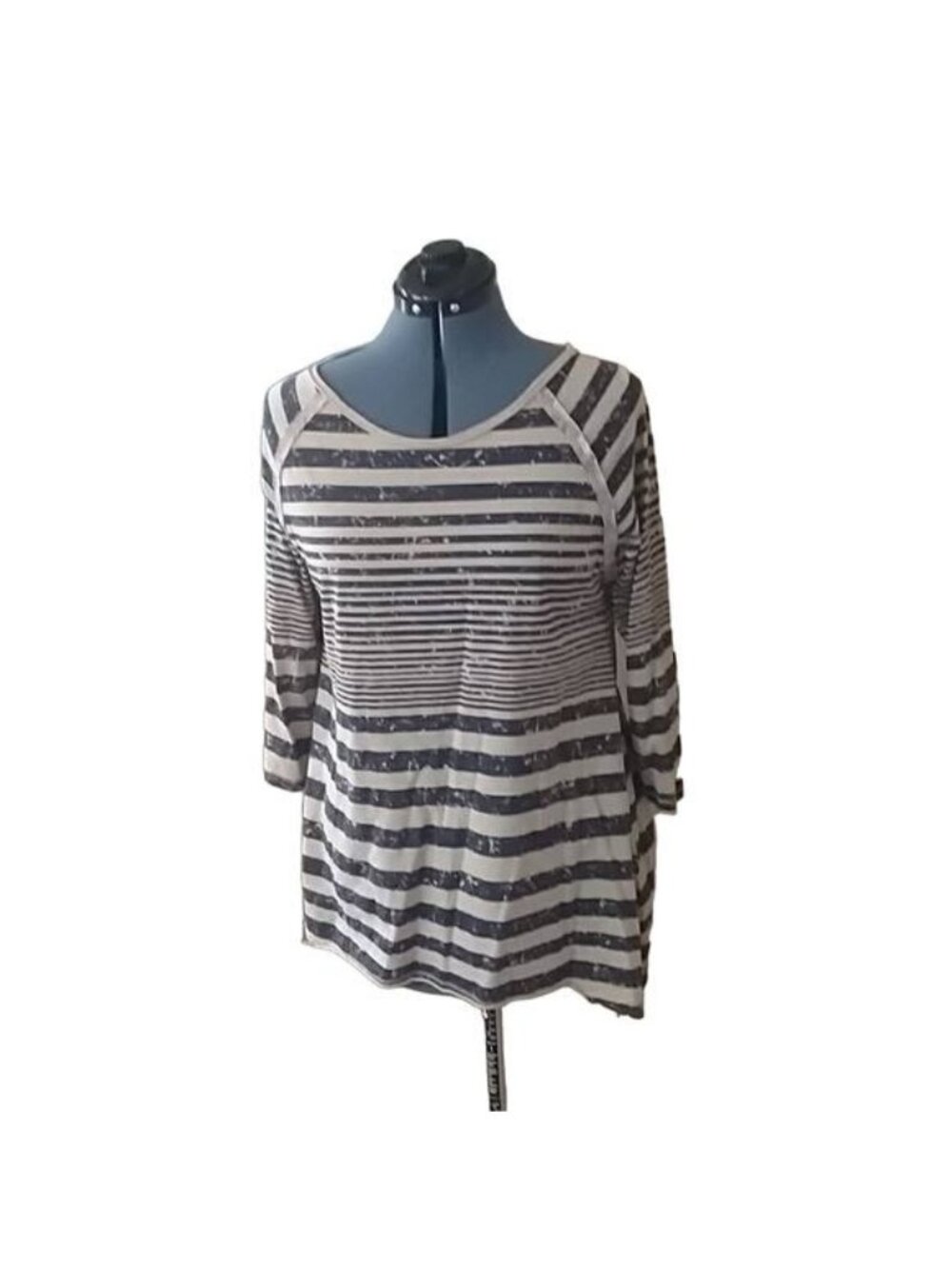 Fresh Tan Navy Blue Tunic Top Women's Large 3/4 Sleeve Boho Casual Blouse